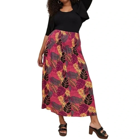 Torrid 00 Convertible Smocked Midi Pink Dress Skirt Crinkle Gauze Palm Leaves - Picture 3 of 8